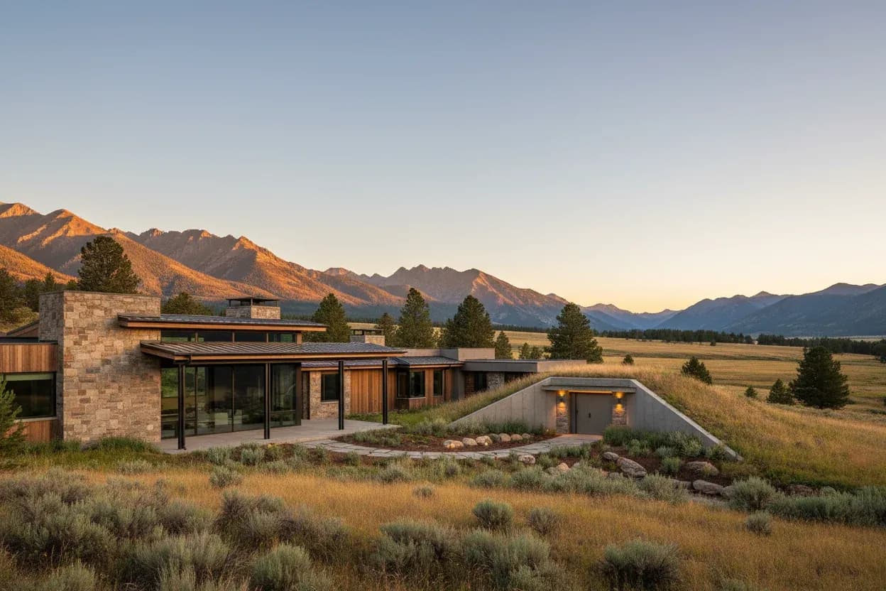 A modern house with stone and wood cladding, featuring a green roof and partially underground garage, set against a backdrop of mountains at sunset.